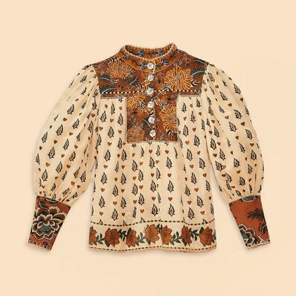 Farm Rio Beige Ainika Floral Long Sleeve Blouse
